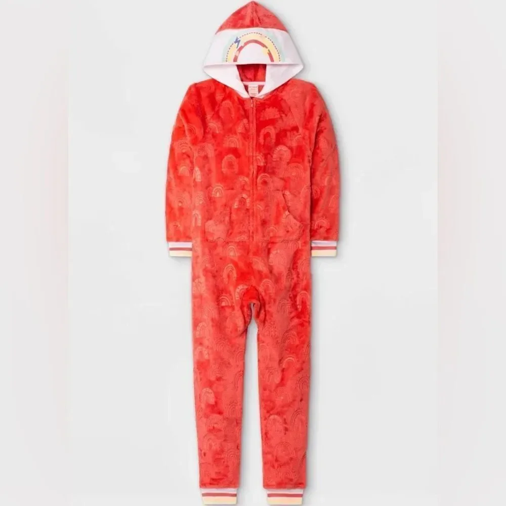 Cat & Jack Red with Rainbow Detail Hooded Sleepwear Plush Jumpsuit Size M (7/8)